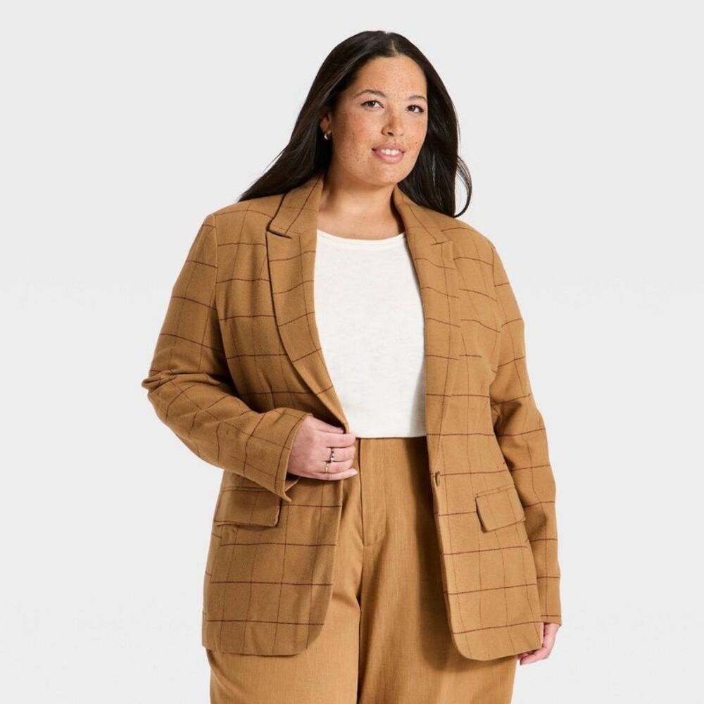 Women's Long Sleeve Button Blazer - A New Day Brown Plaid XXL